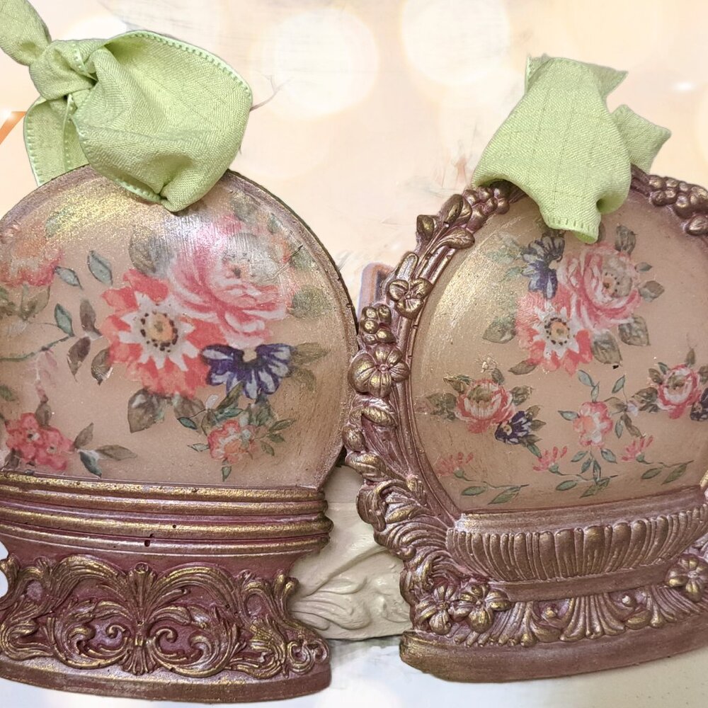 TWO CRAFTED PRETTY PINK FLORAL RESIN ORNAMENTS!
